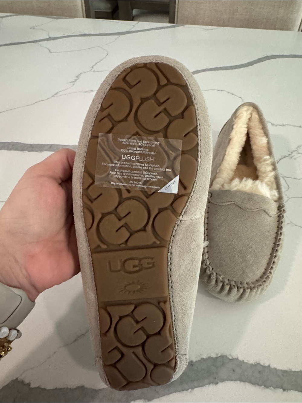 UGG Faux-Suede Shearling Moccasin Slippers in Light Taupe - Picture 2 of 7